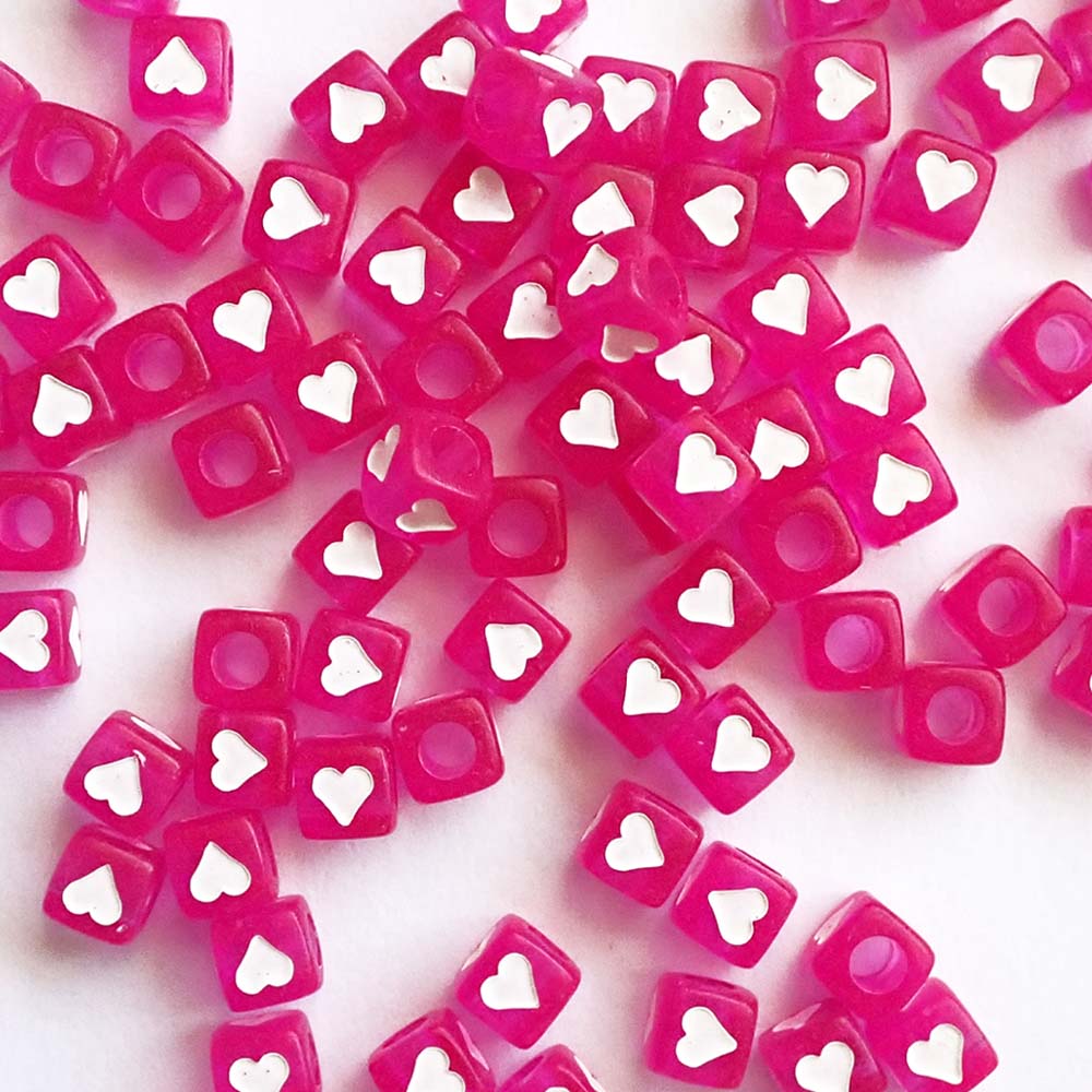 7mm Hot Pink Cube Beads w/ White Hearts, about 100 beads
