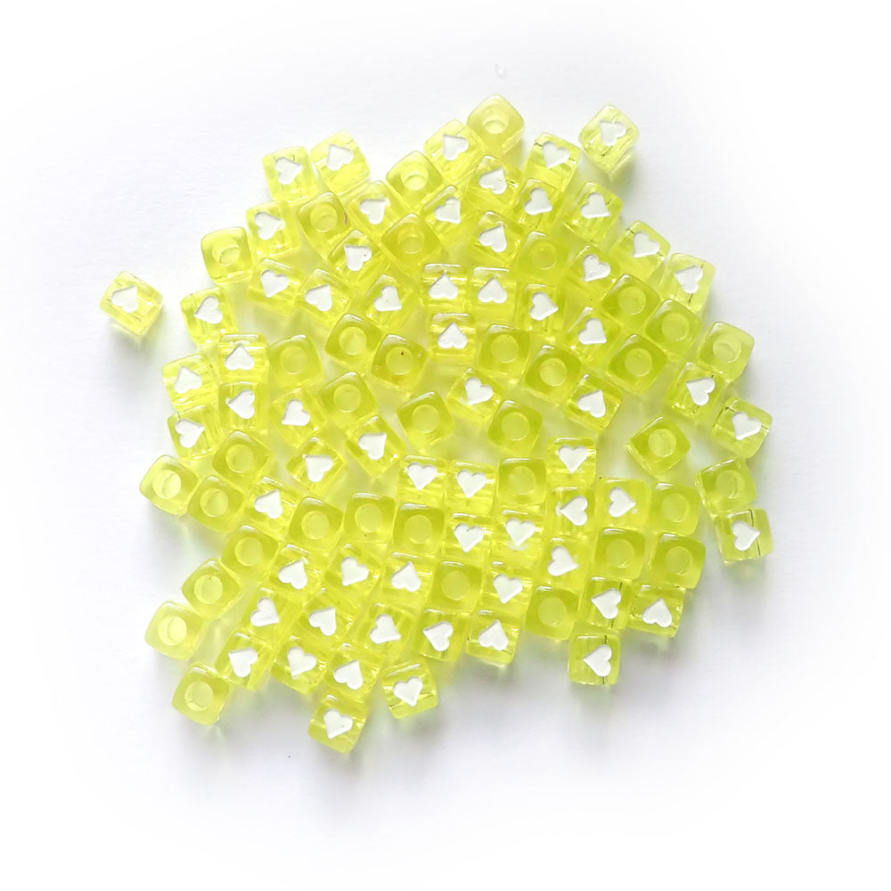 7mm Yellow Cube Beads w/ White Hearts, about 100 beads