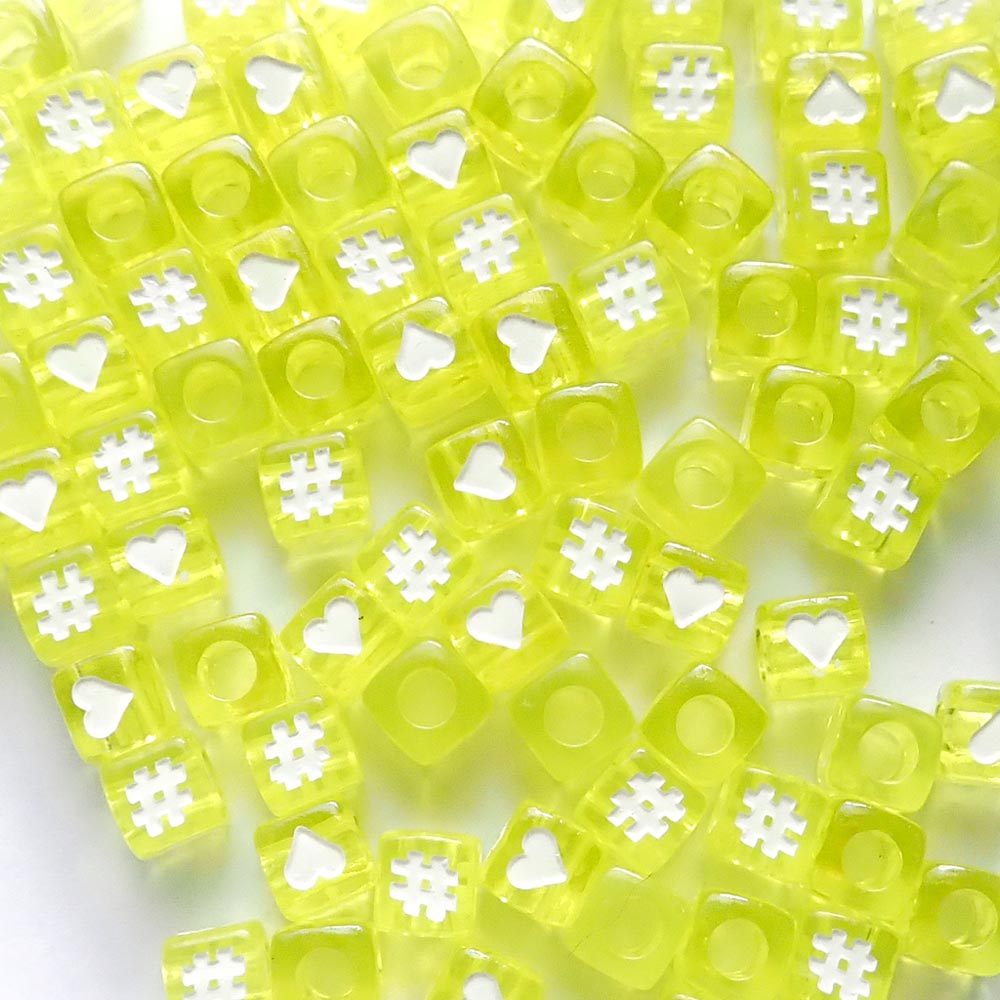 7mm Yellow Plastic Cube Beads w/ Hearts & Hashtags Random Mix, about 100 beads