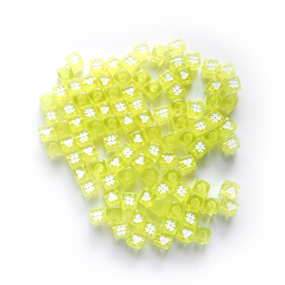 7mm Yellow Plastic Cube Beads w/ Hearts &amp; Hashtags Random Mix, about 100 beads