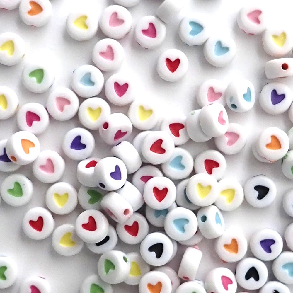 Plastic White 7mm Round Heart Beads, Random Colors, about 100 beads