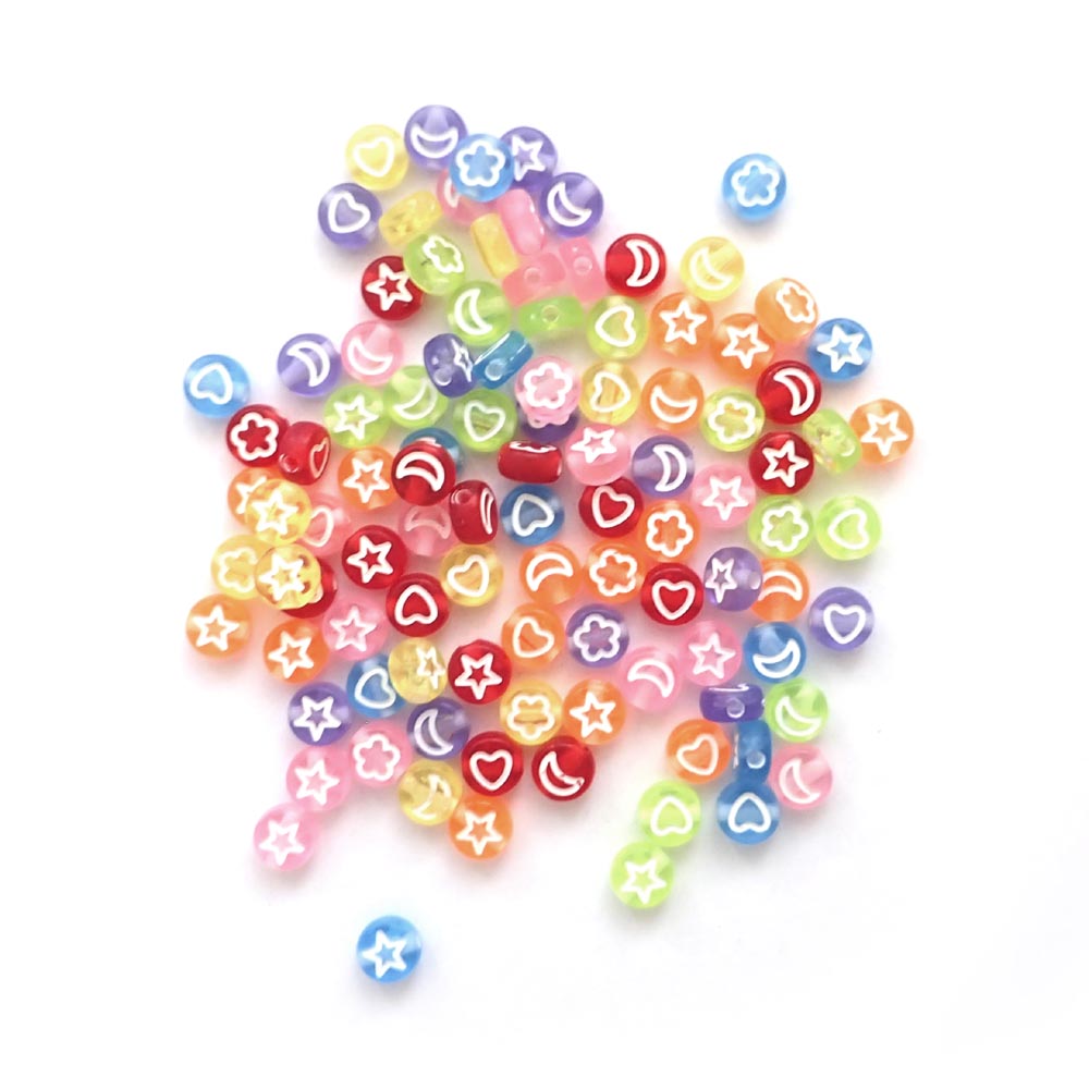 Transparent Colors 7mm Plastic Round Beads w/ Symbols, about 100 beads