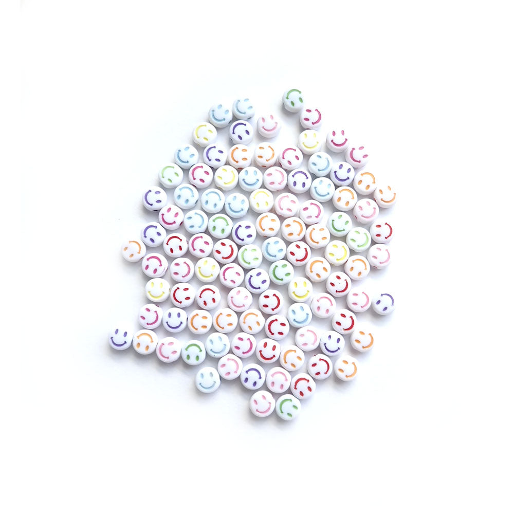 White 7mm Round Plastic Beads w/ Multicolor Smiley Faces, about 100 beads