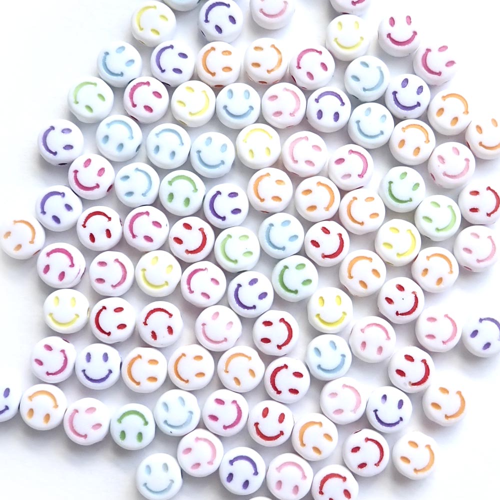 White 7mm Round Plastic Beads w/ Multicolor Smiley Faces, about 100 beads