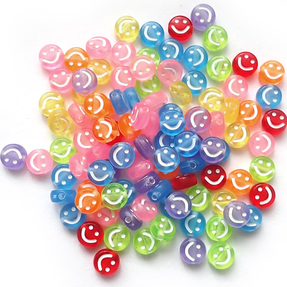 Transparent Colors 7mm Plastic Round Beads w/ Smiley Faces, about 100 beads