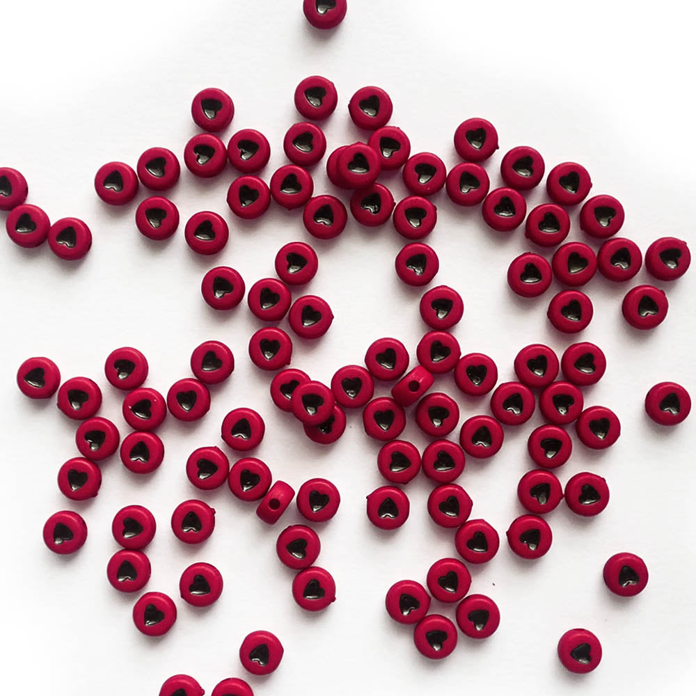 7mm Red Round Plastic Beads w/ Black Hearts, about 100 beads