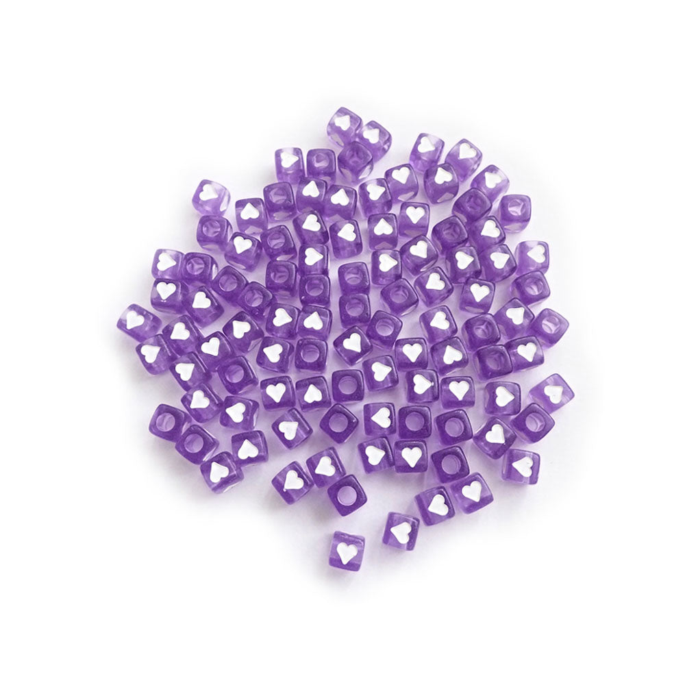 7mm Purple Cube Plastic Beads w/ Hearts, about 100 beads