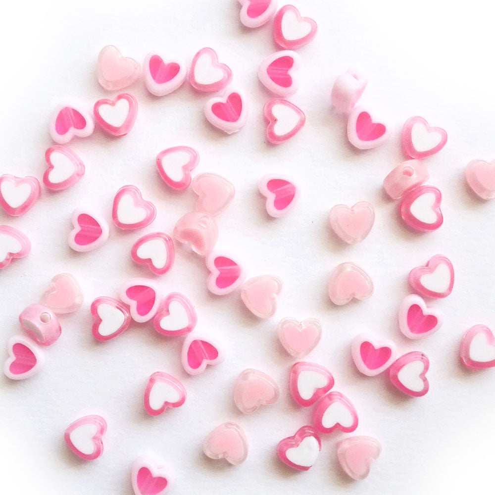 Pink &amp; White Mix Two Tone Plastic Heart Beads, about 50 beads