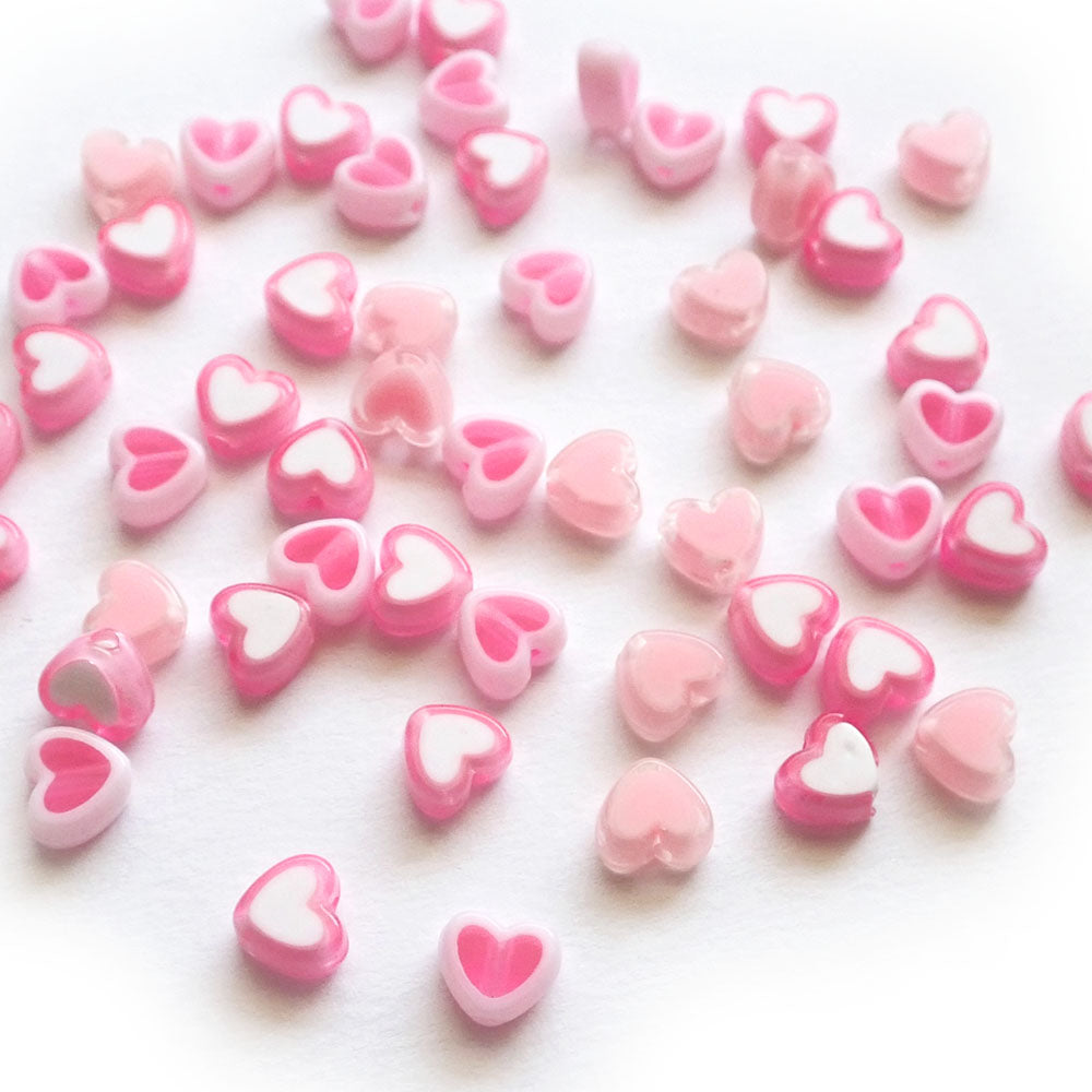 Pink & White Mix Two Tone Plastic Heart Beads, about 50 beads