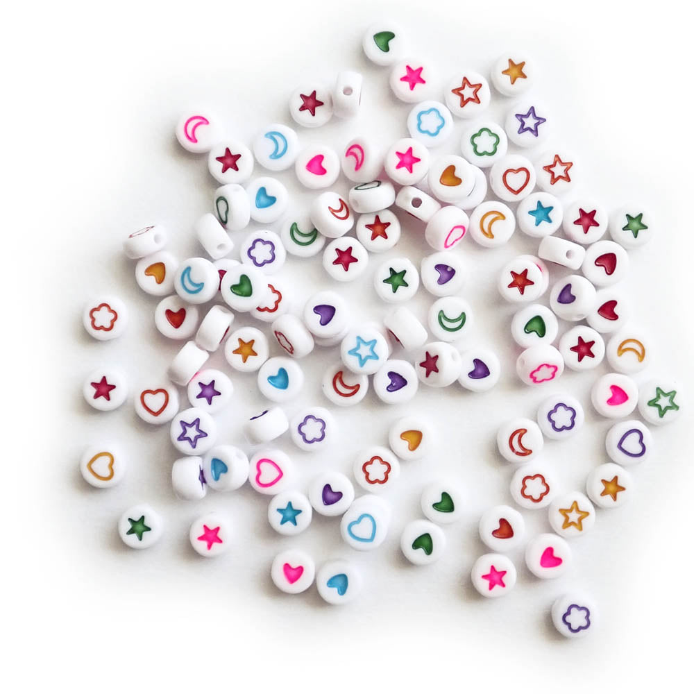 White Round Plastic  Beads w/ Design Symbols, about 100 beads