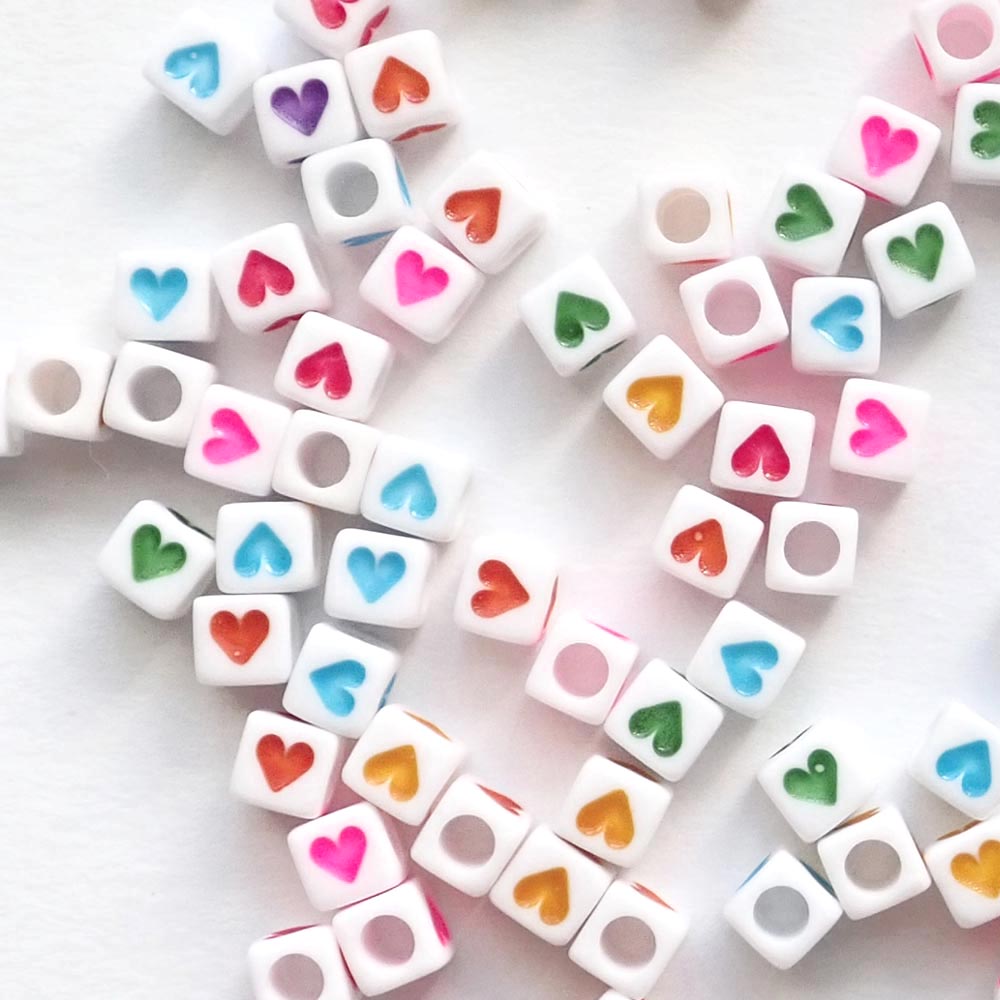7mm White Plastic Cube Beads w/ Hearts, Random Colors, about 100 beads