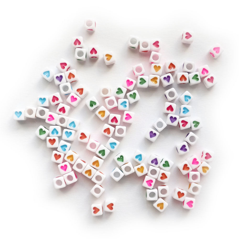 7mm White Plastic Cube Beads w/ Hearts, Random Colors, about 100 beads