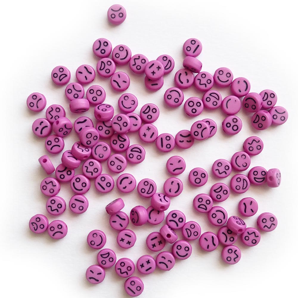 Hot Pink 7mm Round Expression Emoji Beads, about 100 pcs