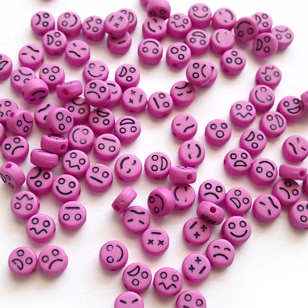 Hot Pink 7mm Round Expression Emoji Beads, about 100 pcs