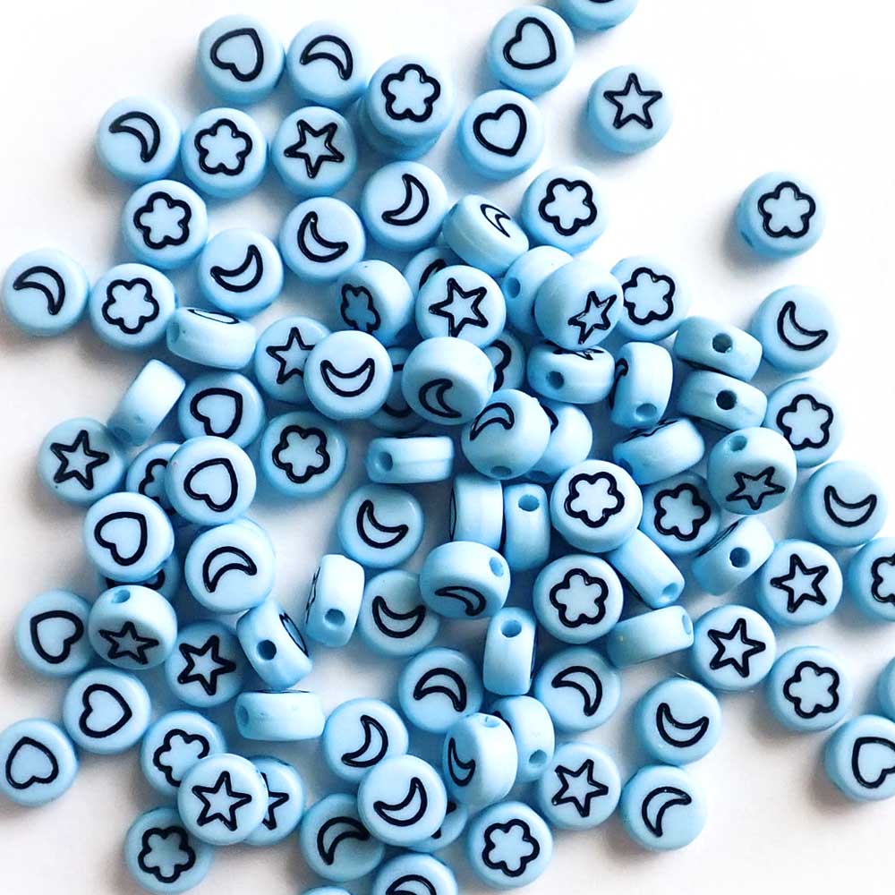 Light Blue 7mm Plastic Round Beads with Design Symbols, about 100 beads