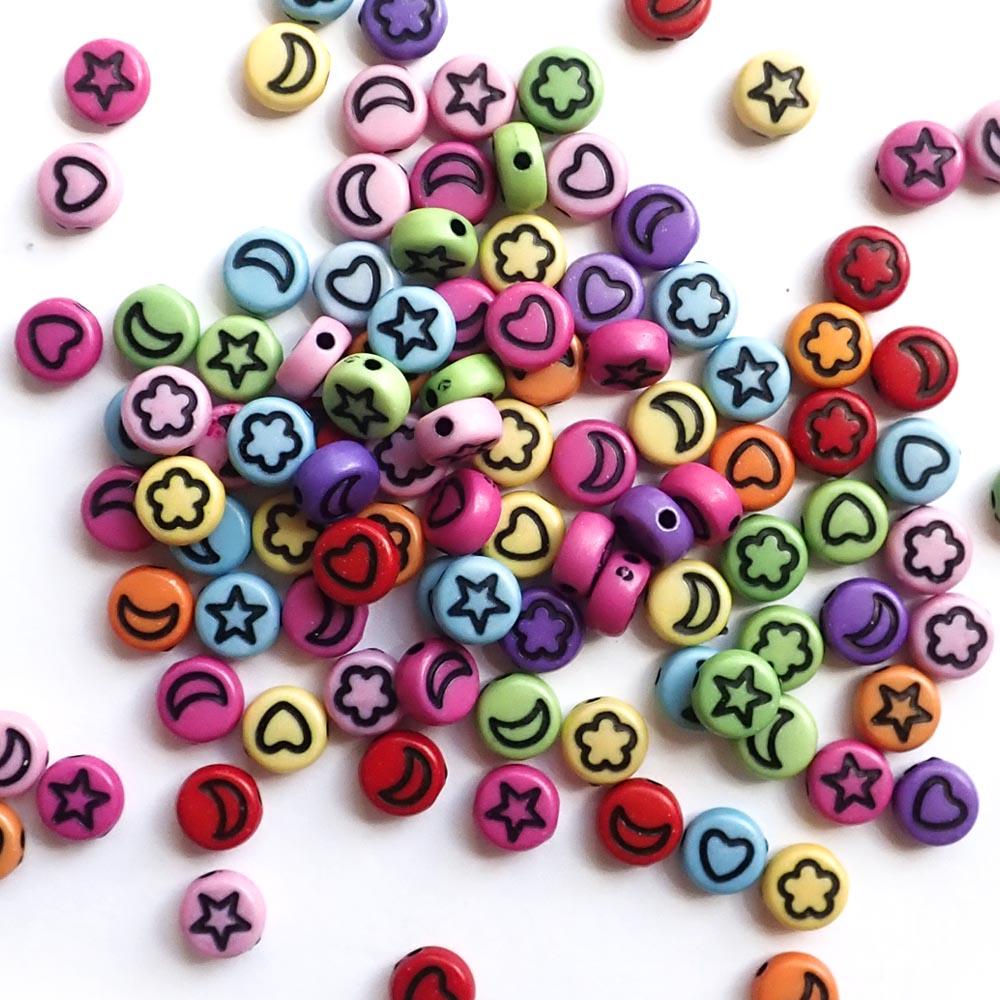 Multicolor Opaque Mix 7mm Plastic Round Beads w/ Friendship Designs, about 100 beads