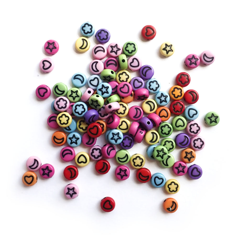 Multicolor Opaque Mix 7mm Plastic Round Beads w/ Friendship Designs, about 100 beads