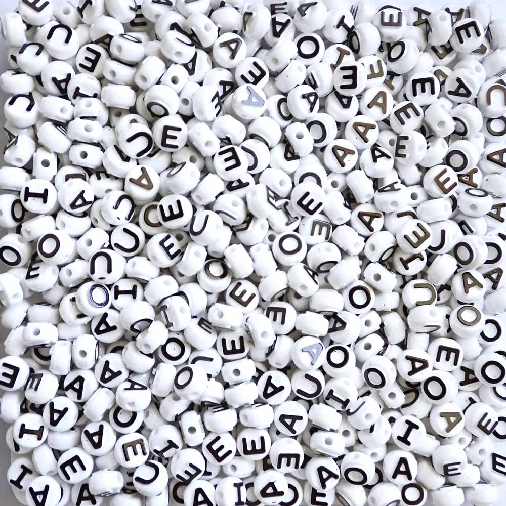 Plastic White Alphabet Vowel Beads, 10mm Round, (Horizontal), Random Mix, 350 beads