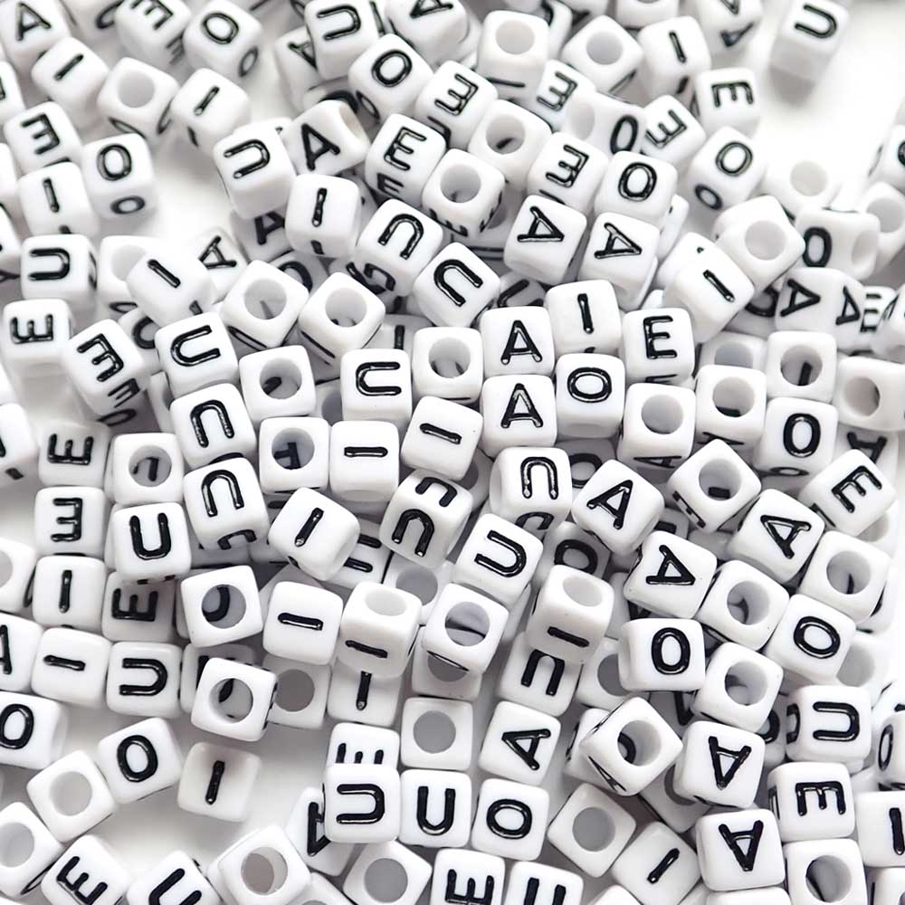 Plastic White Alphabet Vowel Beads, Random Mix, 6mm Cube, (Horizontal), 500 Beads