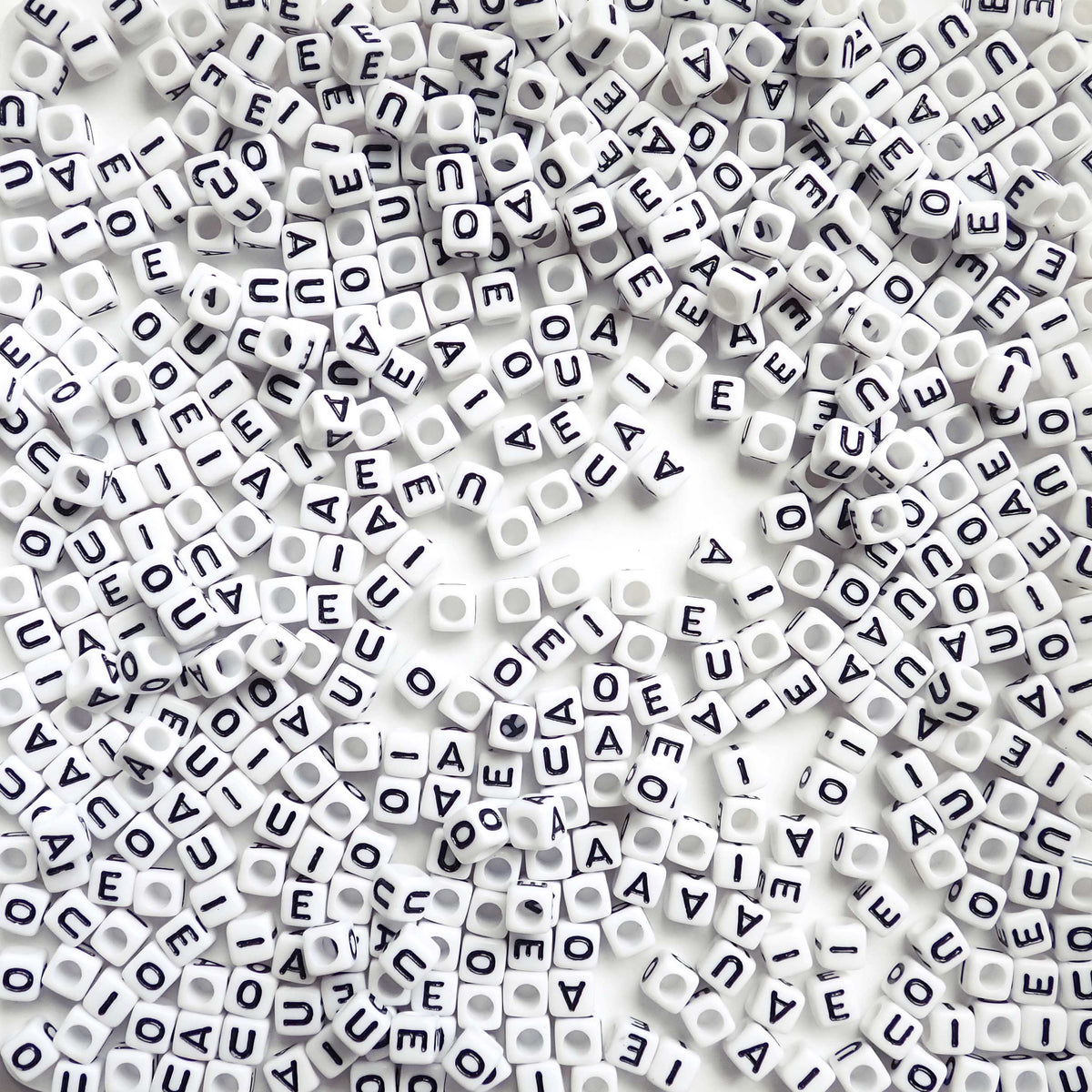Plastic White Alphabet Vowel Beads, Random Mix, 6mm Cube, (Horizontal), 500 Beads