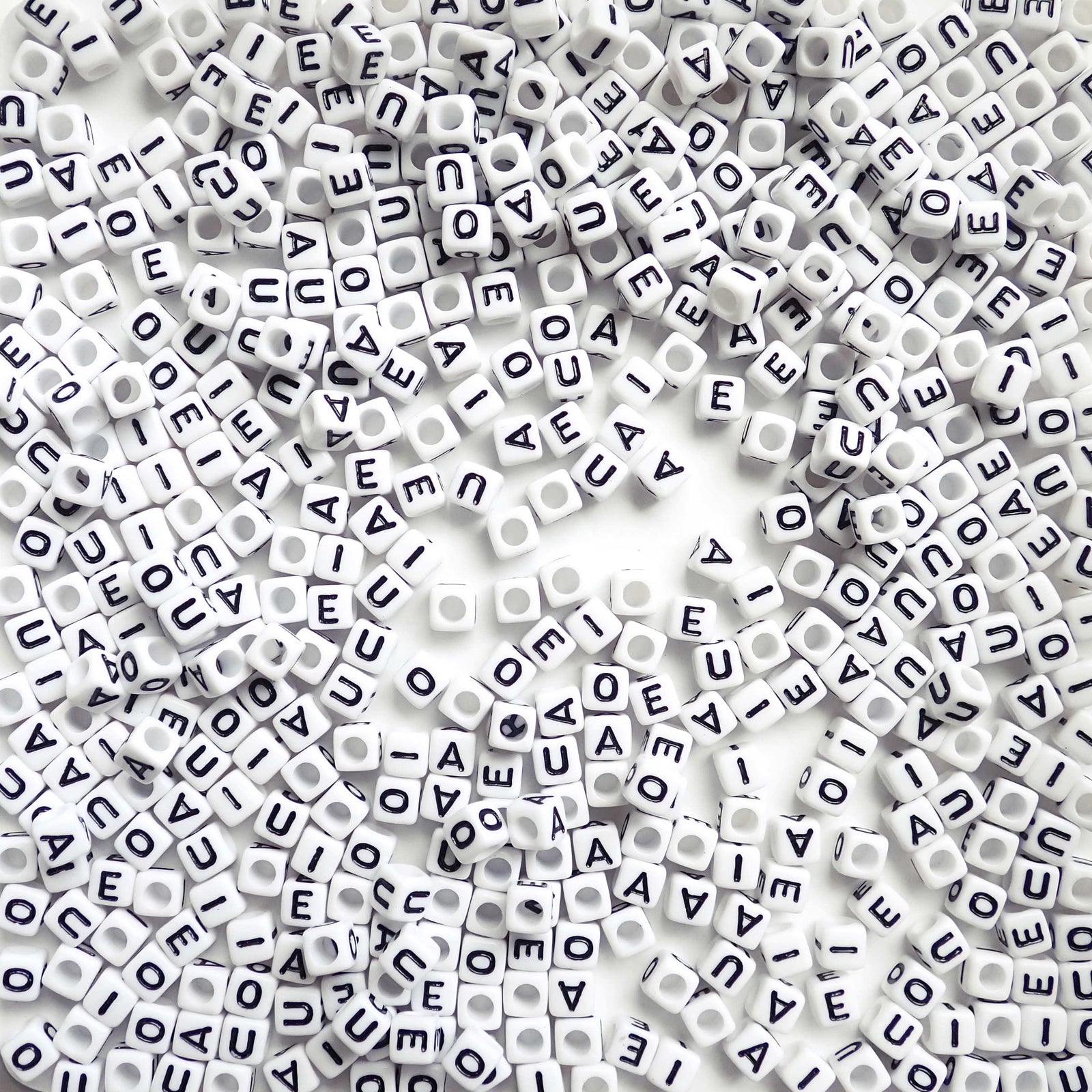 Plastic White Alphabet Vowel Beads, Random Mix, 6mm Cube, (Horizontal), 500 Beads