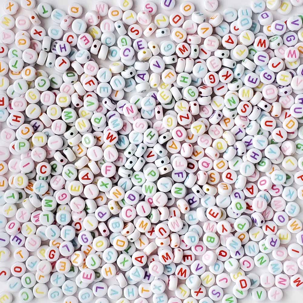 Plastic White Alphabet Beads, Random Letter Mix, Mixed Colors, 7mm Round, about 500 beads