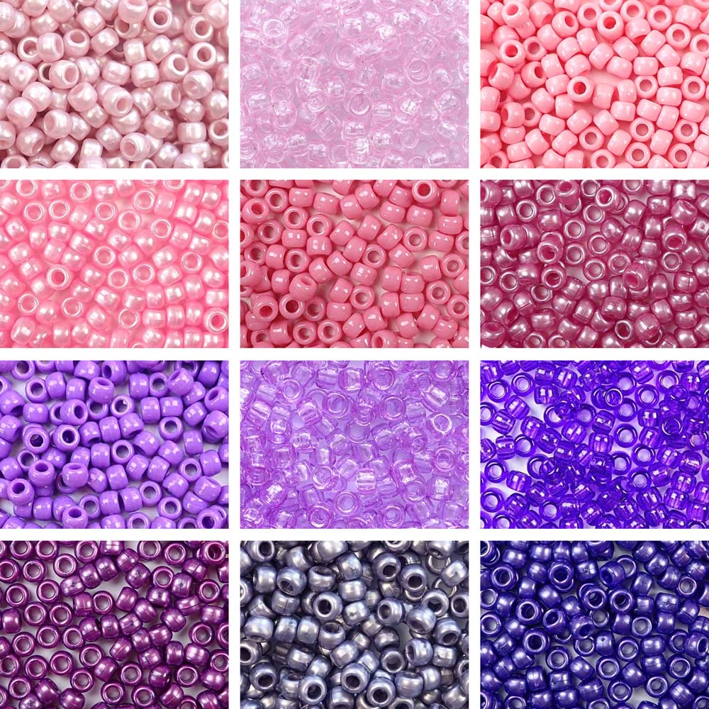 Pink &amp; Purple Ombre 12 Color Kit, Plastic Pony Beads 6 x 9mm, 1800 beads for bracelets, jewelry making crafts