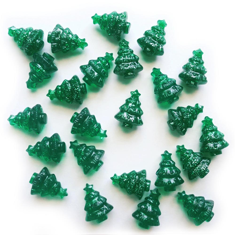 Christmas Tree Plastic Beads, Emerald Green Glitter & Transparent, 24 beads