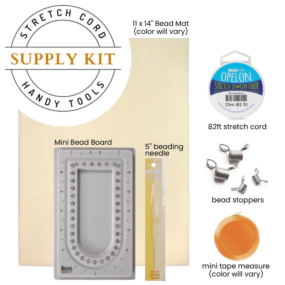 Bracelet making supply kit with various tools and materials on a white background