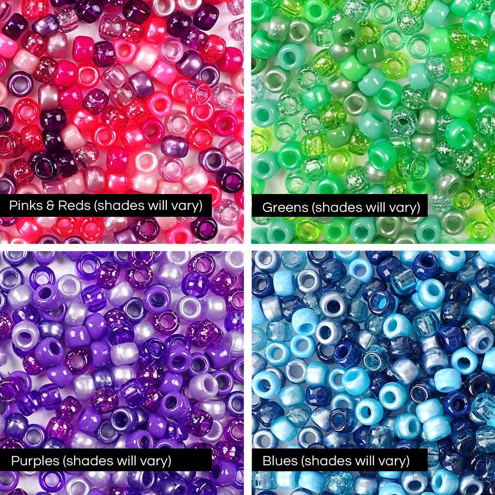 Color Crush Bead Kit, 4 mixes (shades will vary), Plastic Pony Beads 6 x 9mm, 1000 beads total