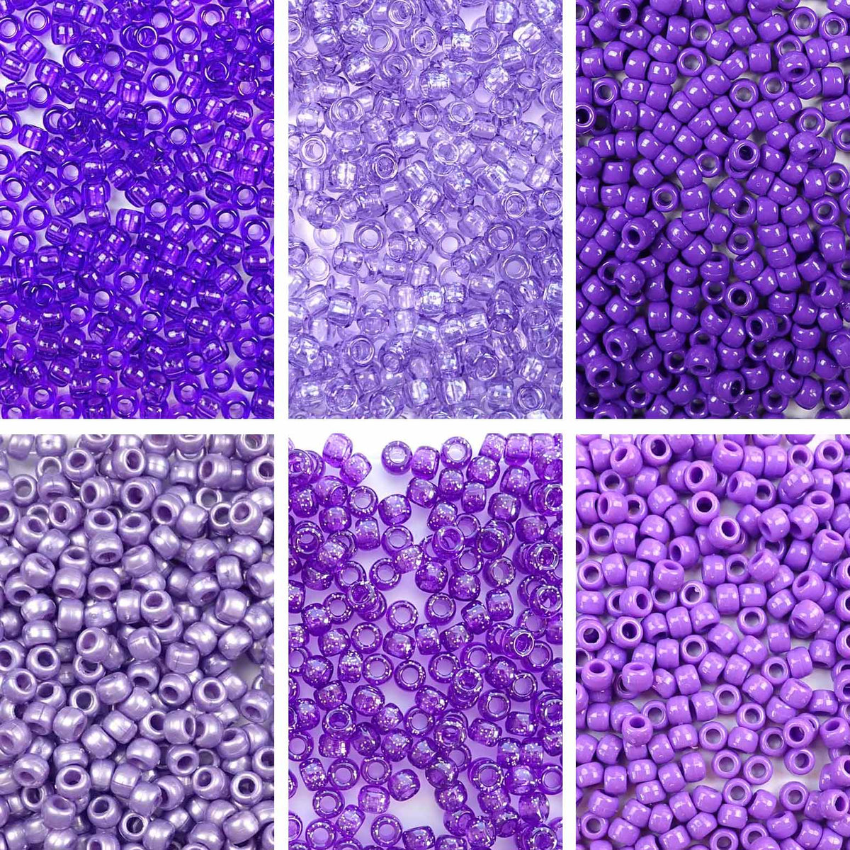 Purple 6 Color Kit, Plastic Pony Beads 6 x 9mm, 1500 beads