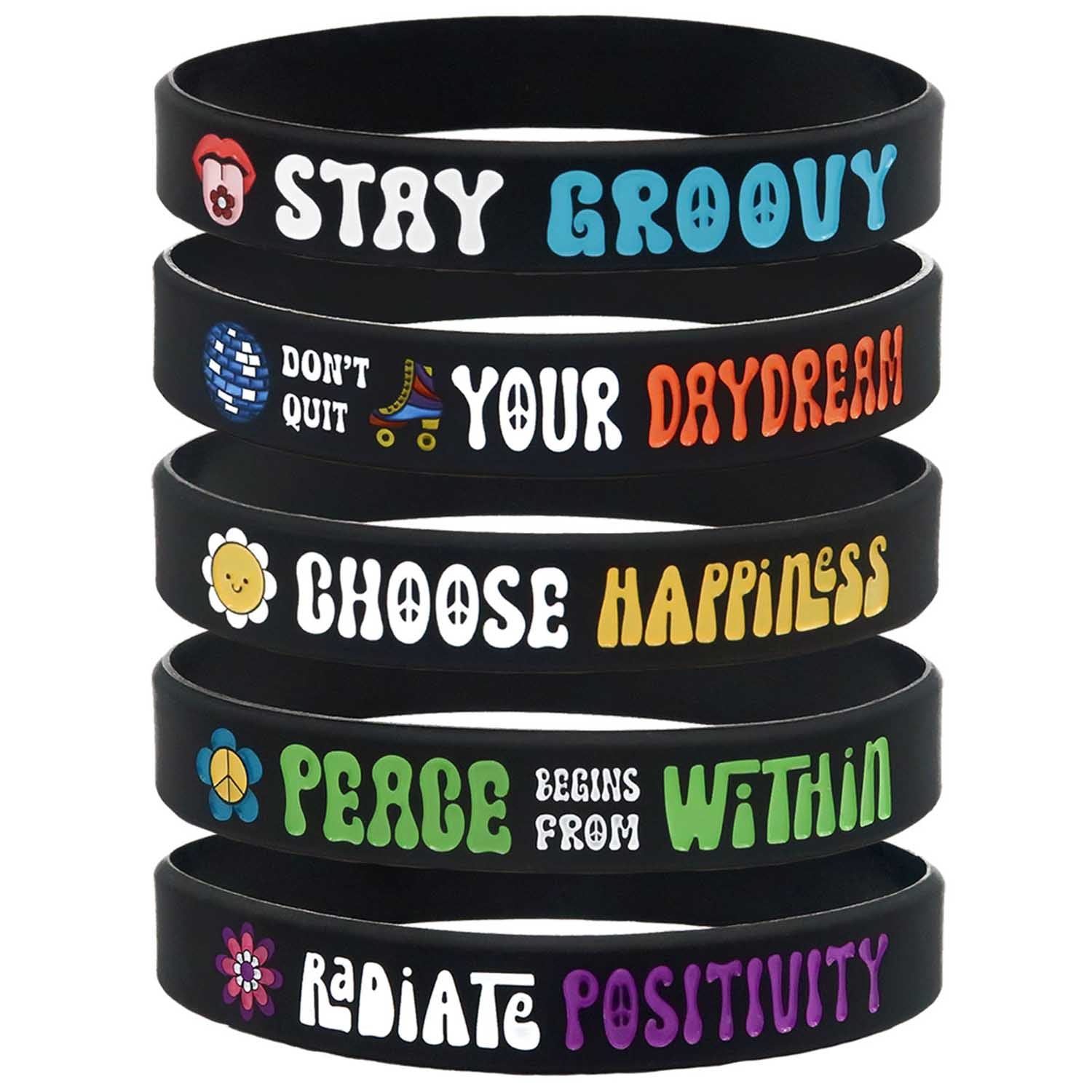 Retro Groovy Inspirational Silicone Friendship Bracelets for Concerts, Festivals, Events, 5 Pack