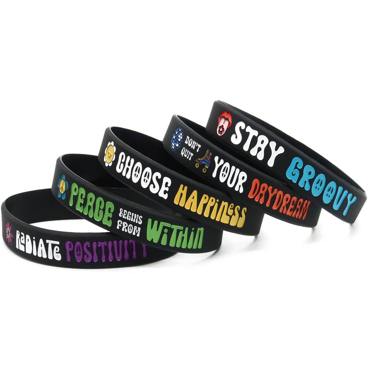 Retro Groovy Inspirational Silicone Friendship Bracelets for Concerts, Festivals, Events, 5 Pack