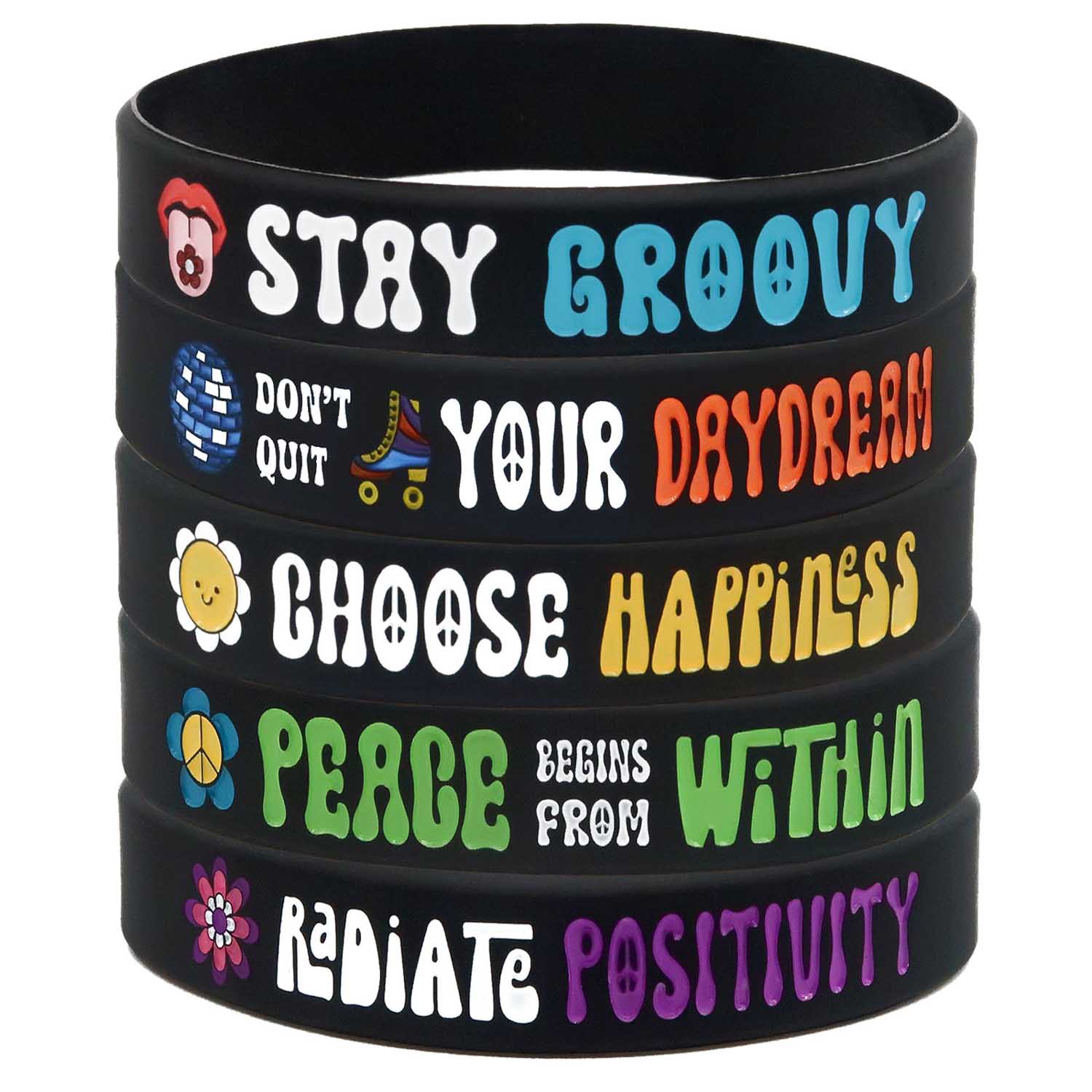 Retro Groovy Inspirational Silicone Friendship Bracelets for Concerts, Festivals, Events, 5 Pack