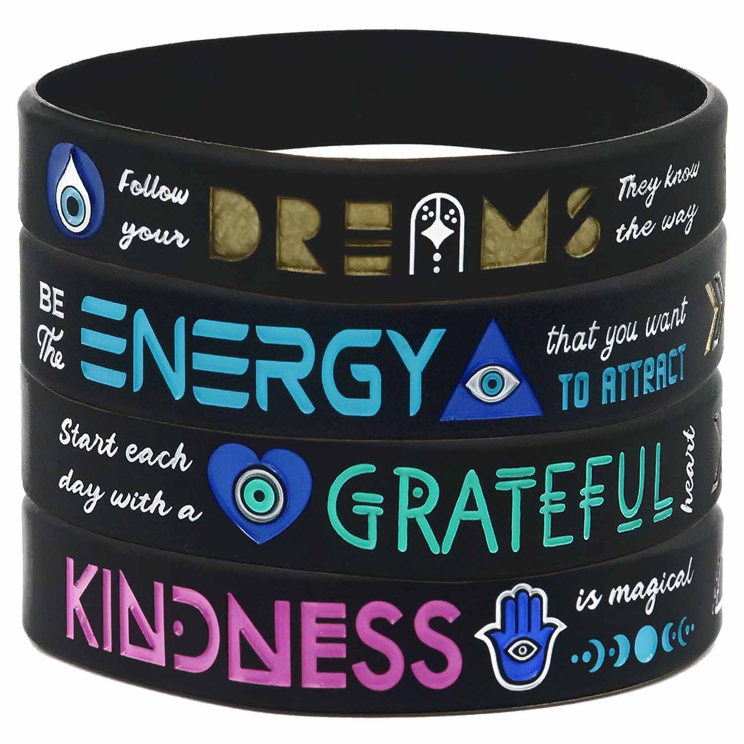 Evil Eye Inspirational Silicone Friendship Bracelets for Concerts, Festivals, Events, 4 Pack