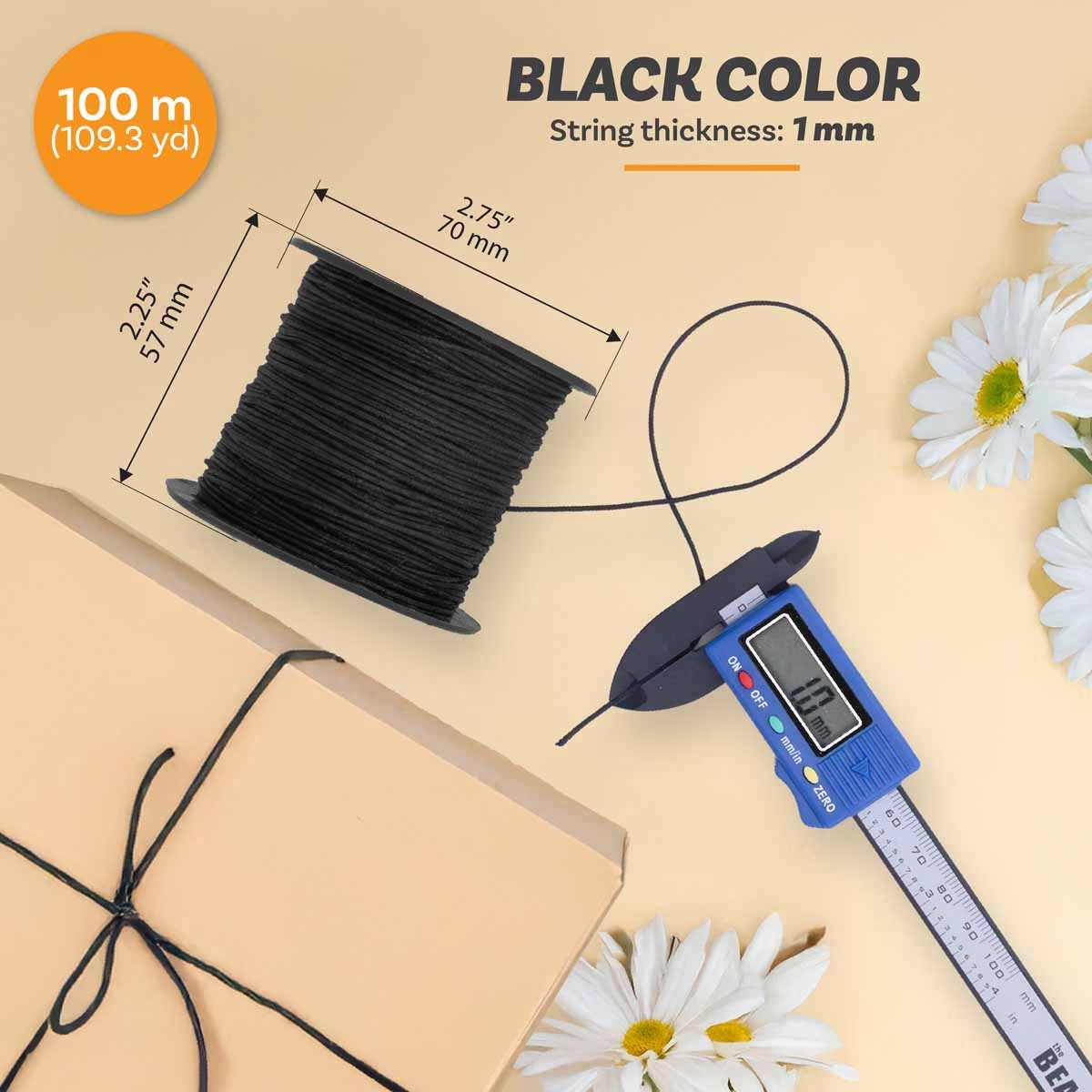 Black Waxed Cotton Cord, 1mm, 100 meters