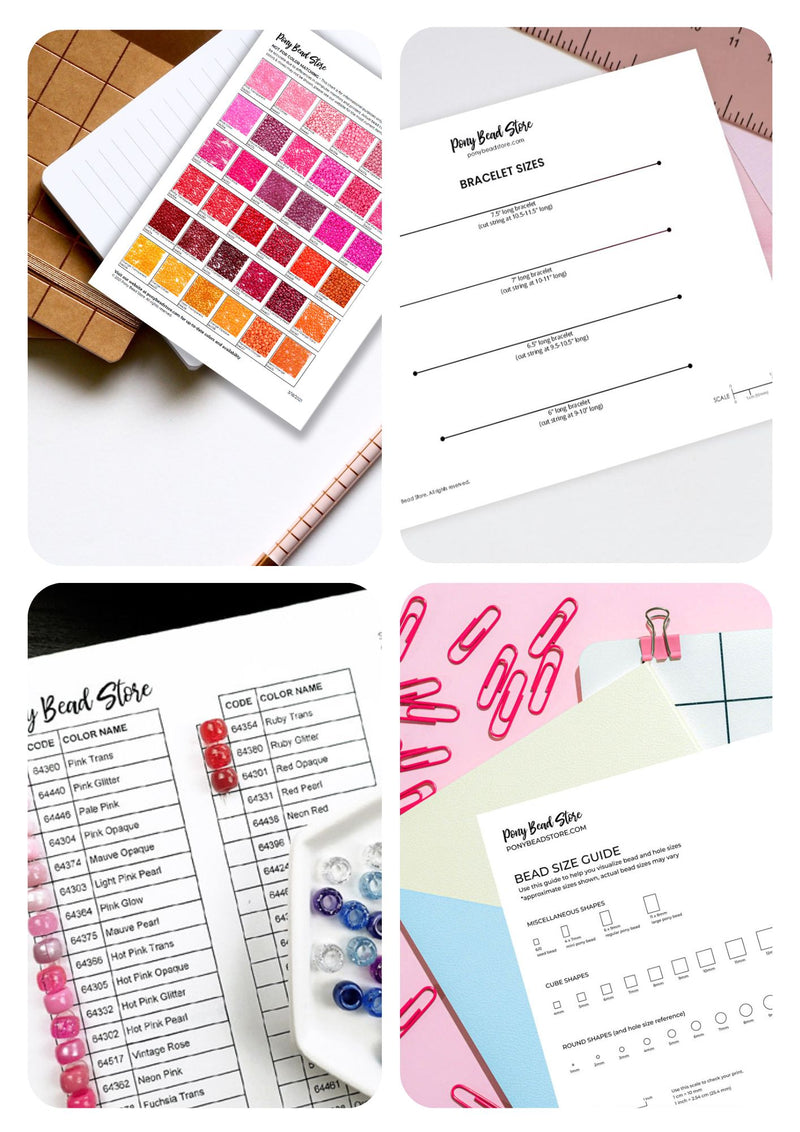 Collage of bead color swatches and bead size guides with a ruler and pencil.