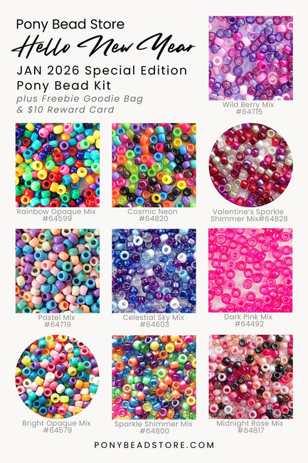 Promotional image of Pony Bead Store's 2026 Special Edition Pony Bead Kit with various bead mixes.