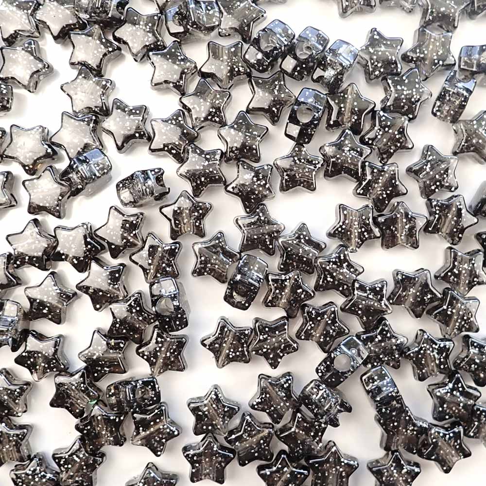 Star Plastic Pony Beads, 13mm, Jet Glitter, 125 beads