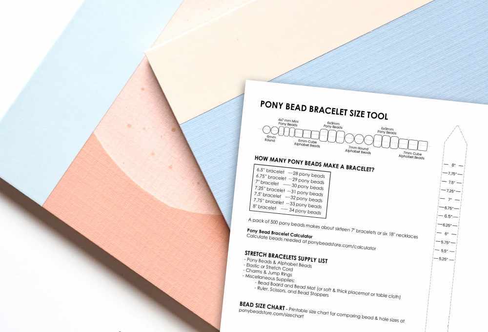 Pony bead bracelet size tool with chart and measurements on a colorful background