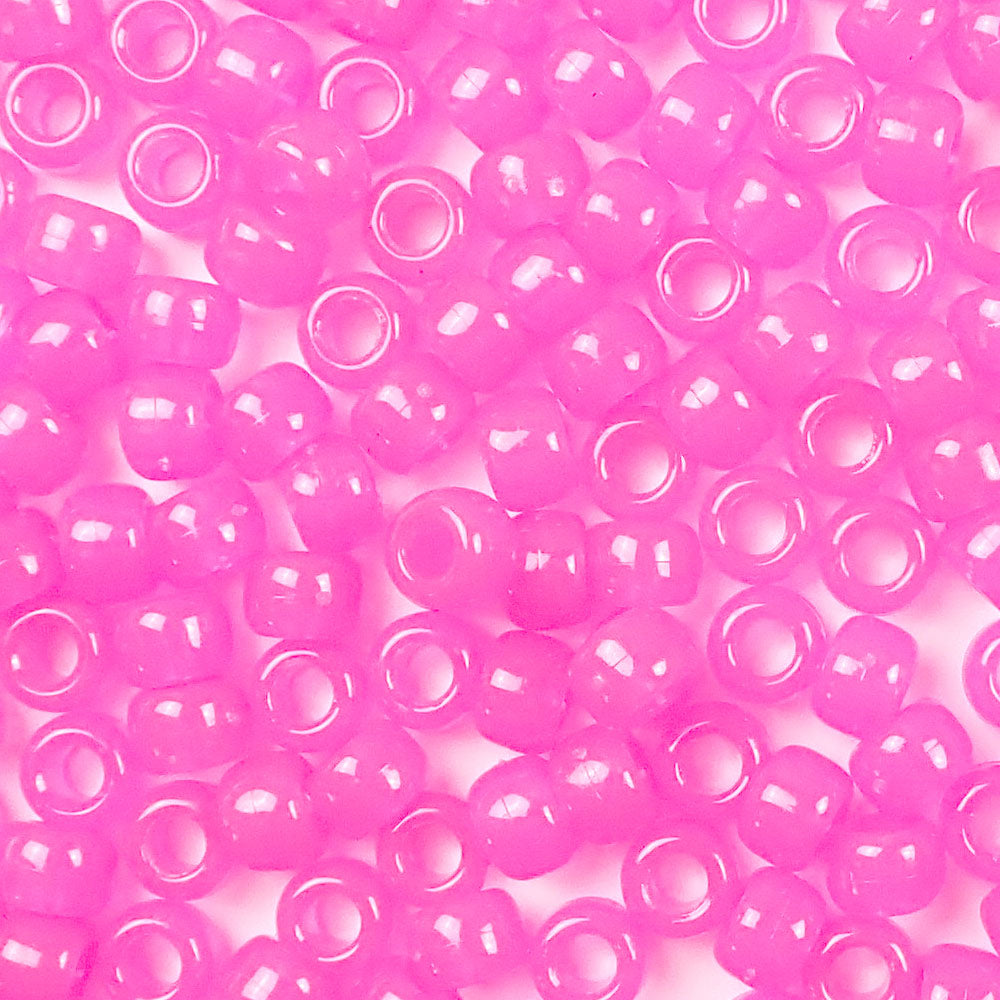 Pink Glow Plastic Pony Beads. Size 6 x 9 mm. Craft Beads. Bulk Pack.