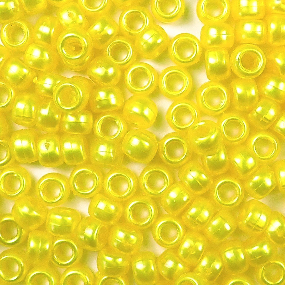 Yellow Pearl Plastic Pony Beads. Size 6 x 9 mm. Craft Beads. Bulk Pack.