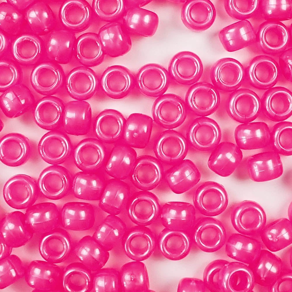 Hot Pink Pearl Plastic Pony Beads. Size 6 x 9 mm. Craft Beads. Bulk Pack.