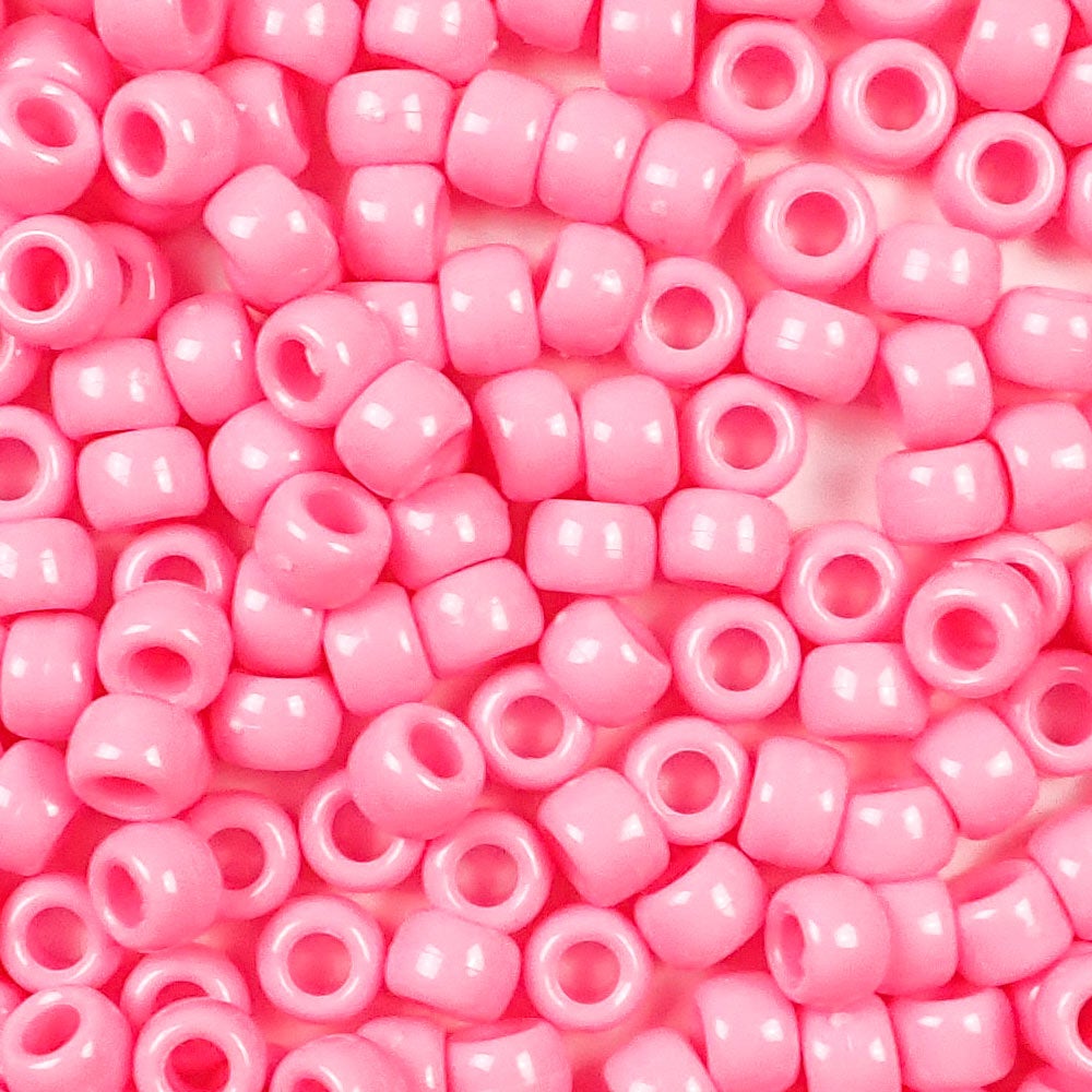 Pink Opaque Plastic Pony Beads. Size 6 x 9 mm. Craft Beads. Bulk Pack.