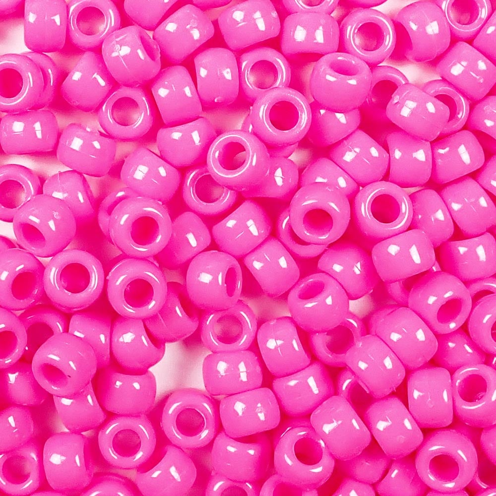 Hot Pink Opaque Plastic Pony Beads. Size 6 x 9 mm. Craft Beads. Bulk Pack.