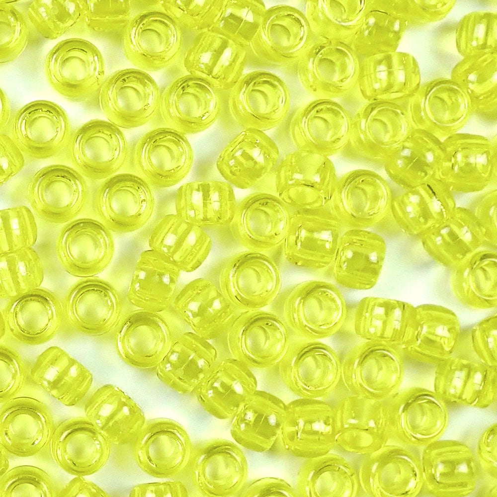 Yellow Transparent Plastic Pony Beads. Size 6 x 9 mm. Craft Beads. Bulk Pack.