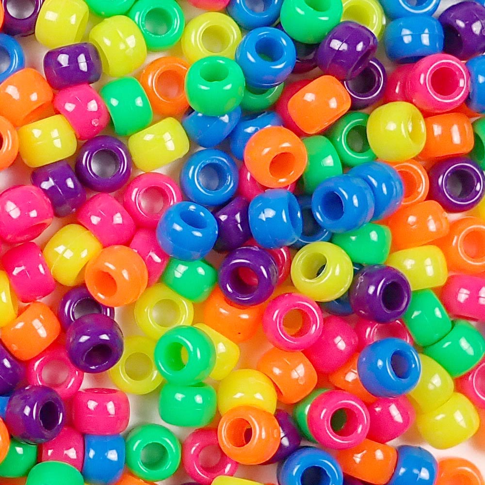 Neon Mix Plastic Pony Beads. Size 6 x 9 mm. Craft Beads. Made in the USA. Bulk Pack.