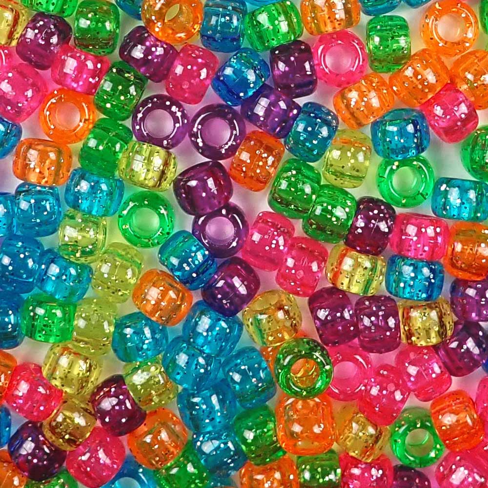 Bright Glitter Plastic Pony Beads. Size 6 x 9 mm. Craft Beads. Made in the USA. Bulk Pack.-