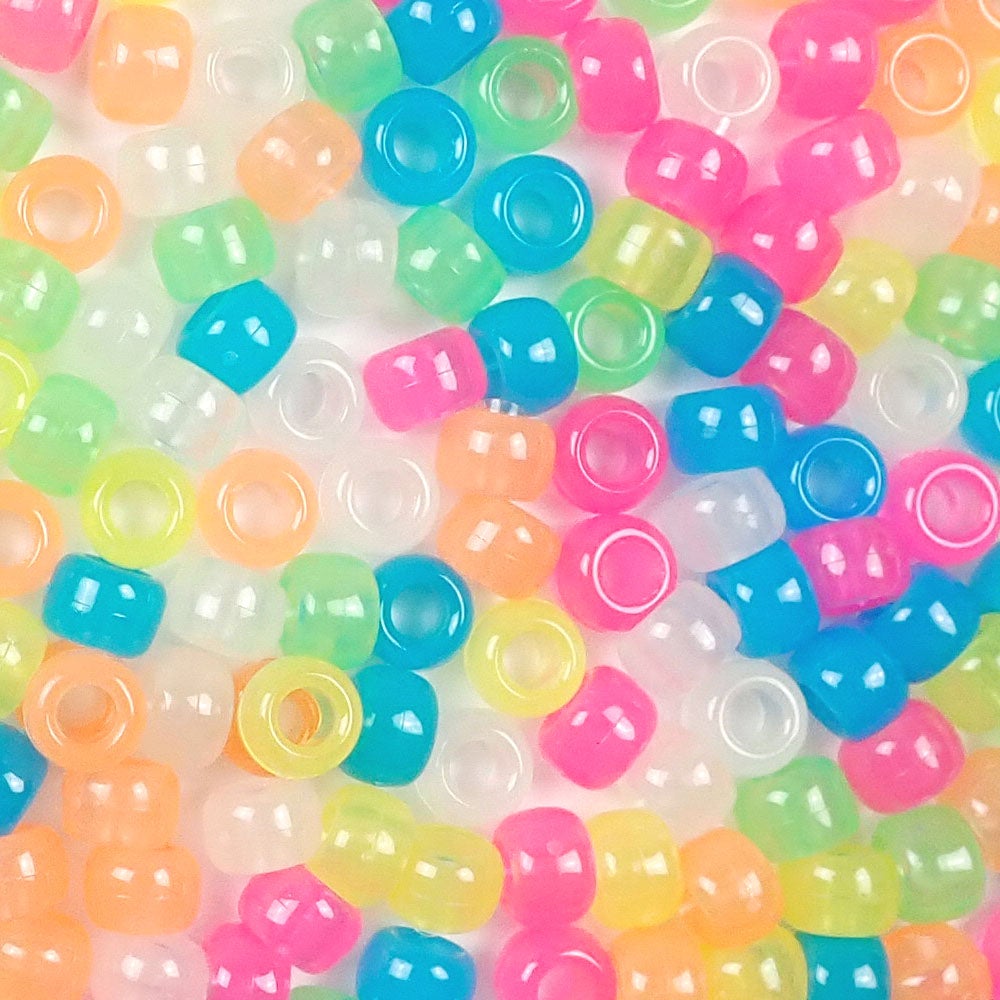 Glow in the Dark Mix Plastic Pony Beads. Size 6 x 9 mm. Craft Beads. Made in the USA. Bulk Pack.