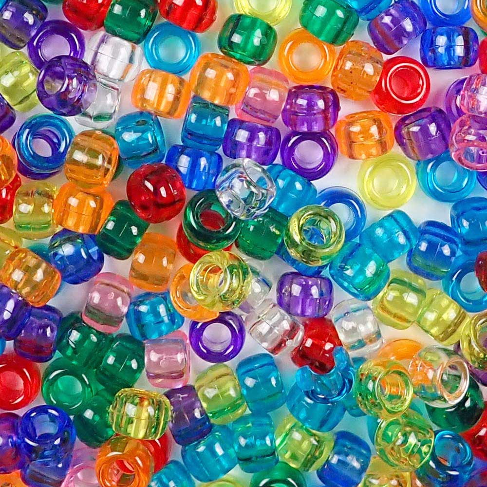 Transparent Color Mix Plastic Pony Beads. Size 6 x 9 mm. Craft Beads. Bulk Pack.